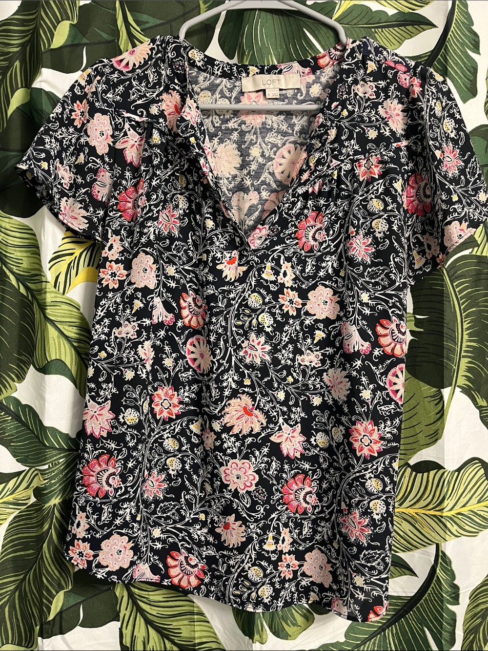 LOFT Black Floral V-Neck Ruffle Sleeve Blouse